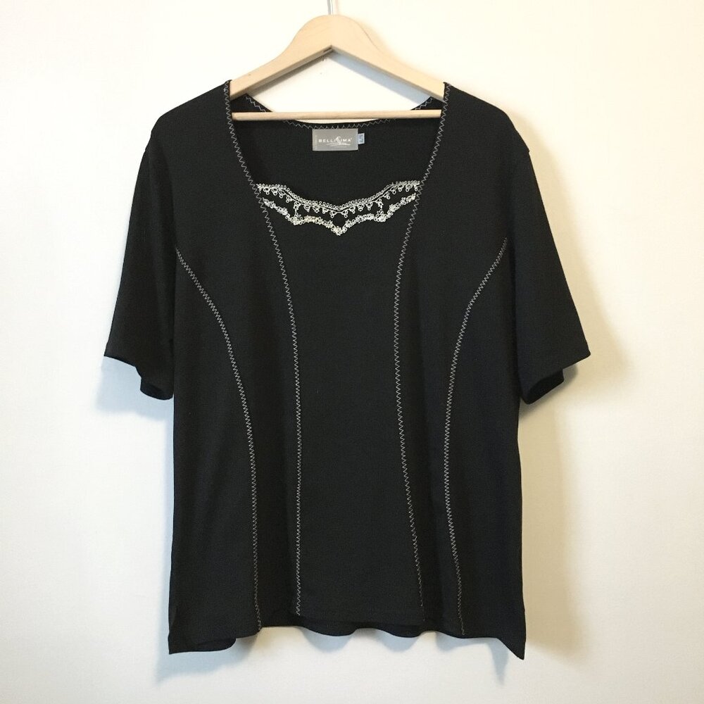 Bellissima Designer Black Viscose T-Shirt With White Floral Collar Stitchwork XL